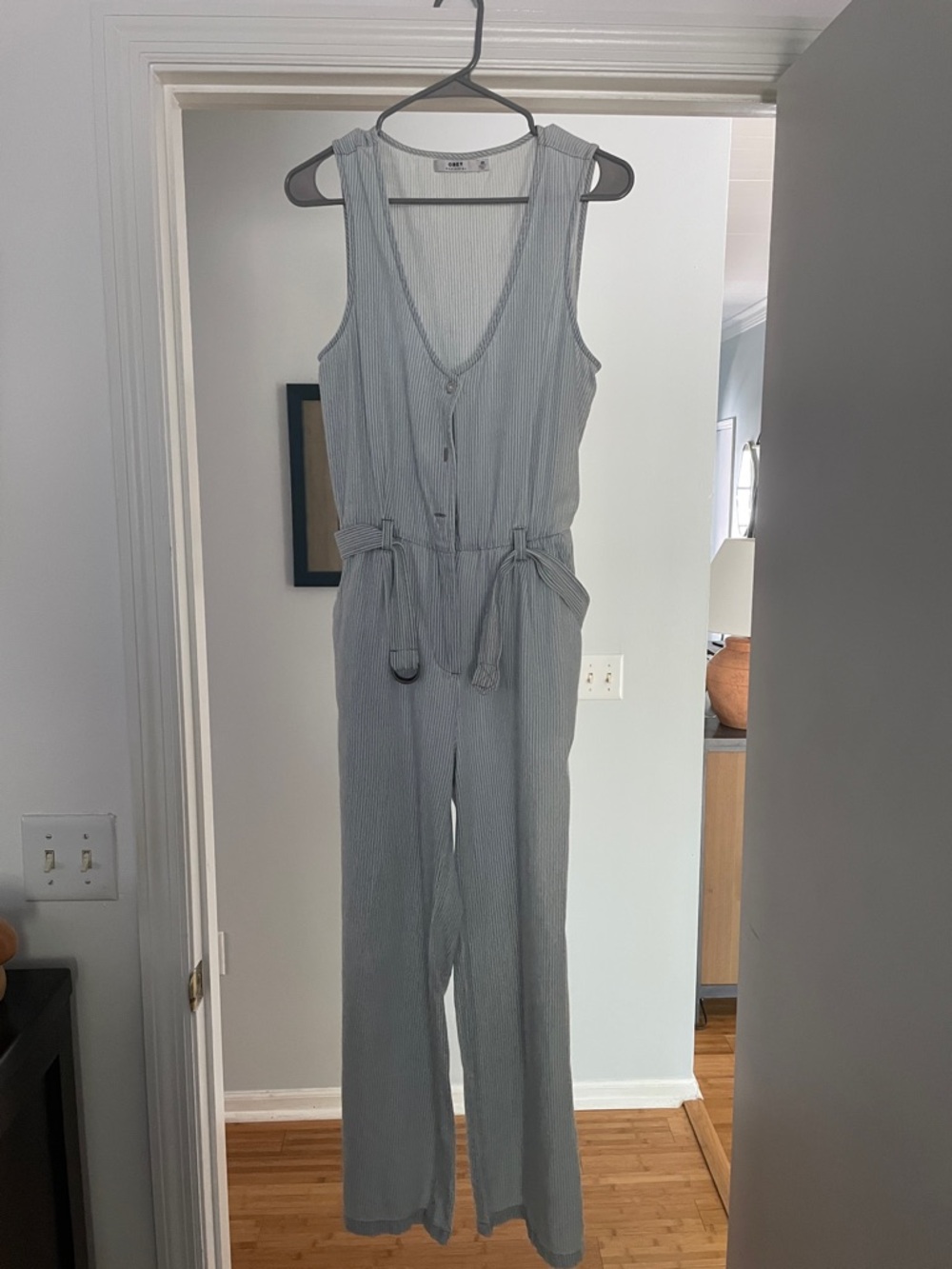Seersucker-print Jumpsuit with Tie Waist